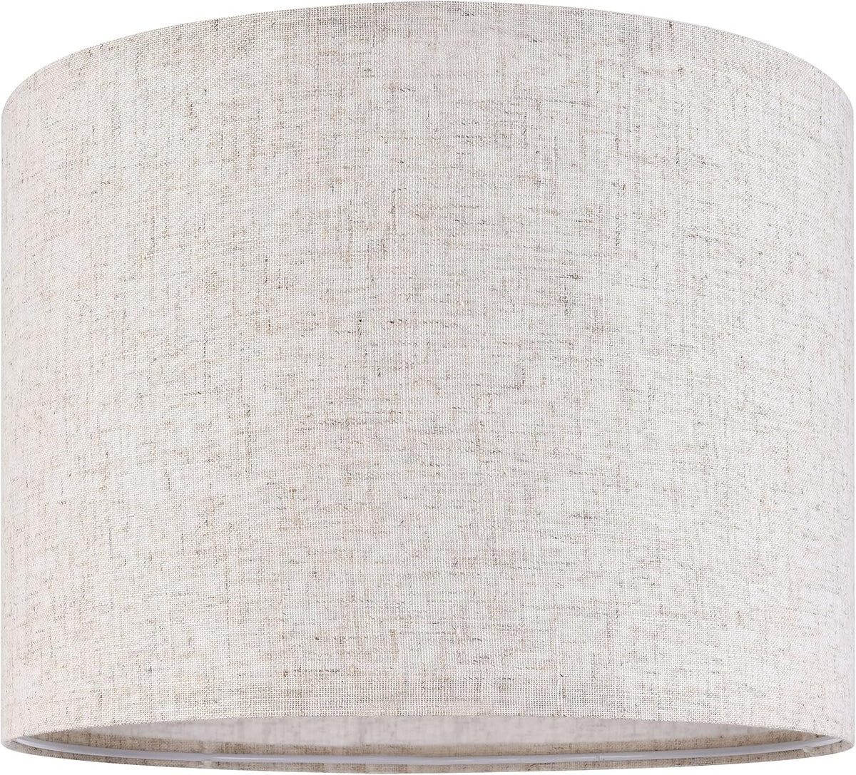Close-up front view of a pale linen drum shade showing woven texture and subtle slubs.