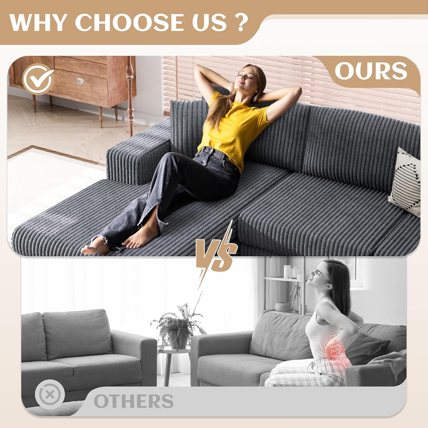 105" Boneless Couches for Living Room,Sectional Couches Modular Sofa with L-Shaped Chaise, Memory Foam Comfy Cloud Couch with Plush Corduroy Fabric, No Assembly Required, (Dark Grey)