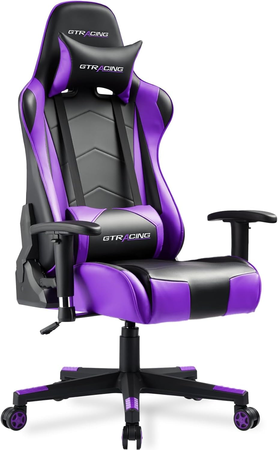 Purple and black racing-style gaming chair shown from a three-quarter view with head and lumbar support cushions.