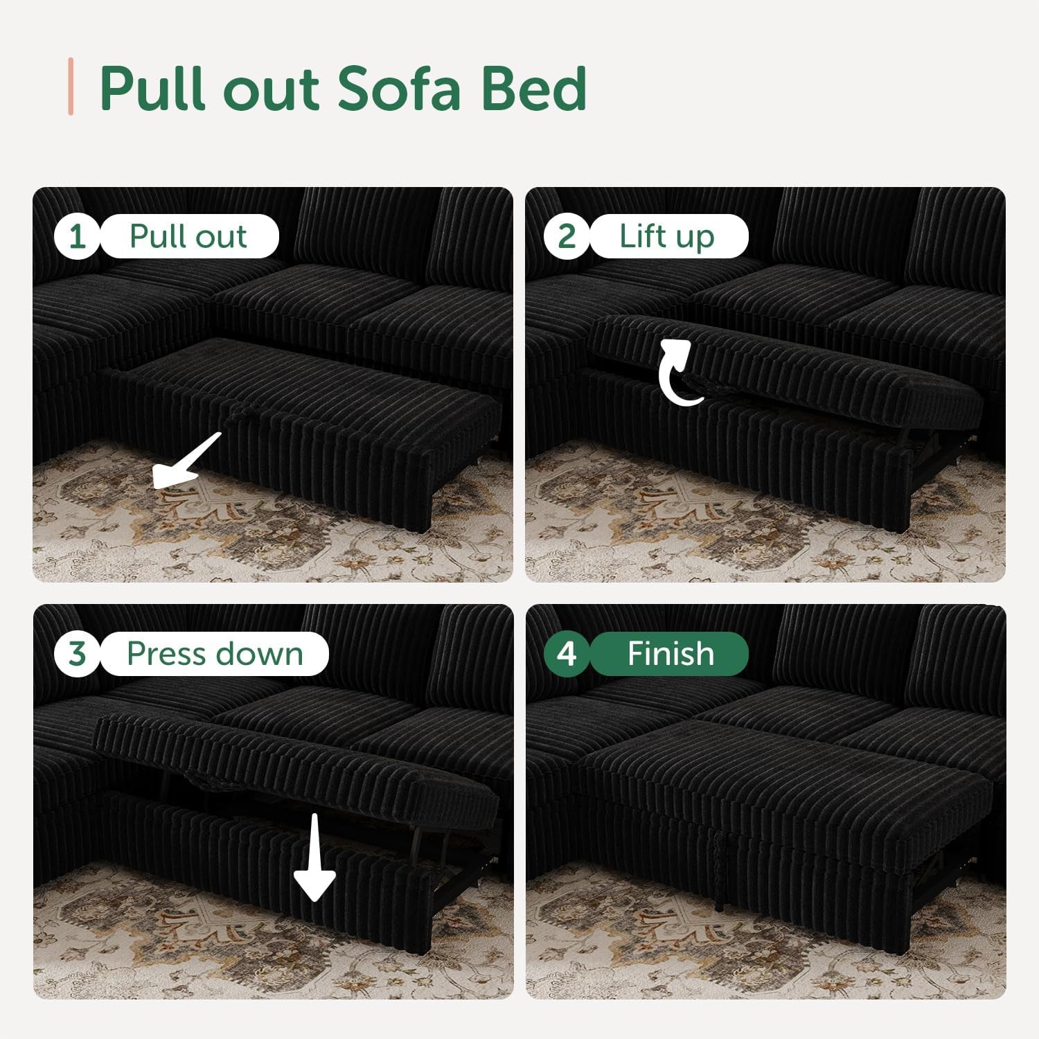 Modular Sectional Sleeper Sofa with Pull Out Bed,Corduroy U Shaped Couch with Storage, Sectional Couches for Living Room,Black