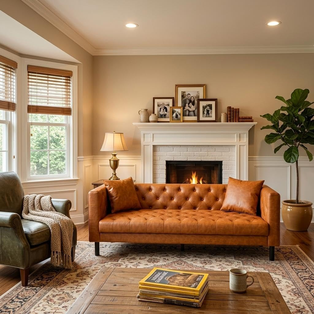 tan PU leather button-tufted sofa front view centered under a mantel in a living room scene