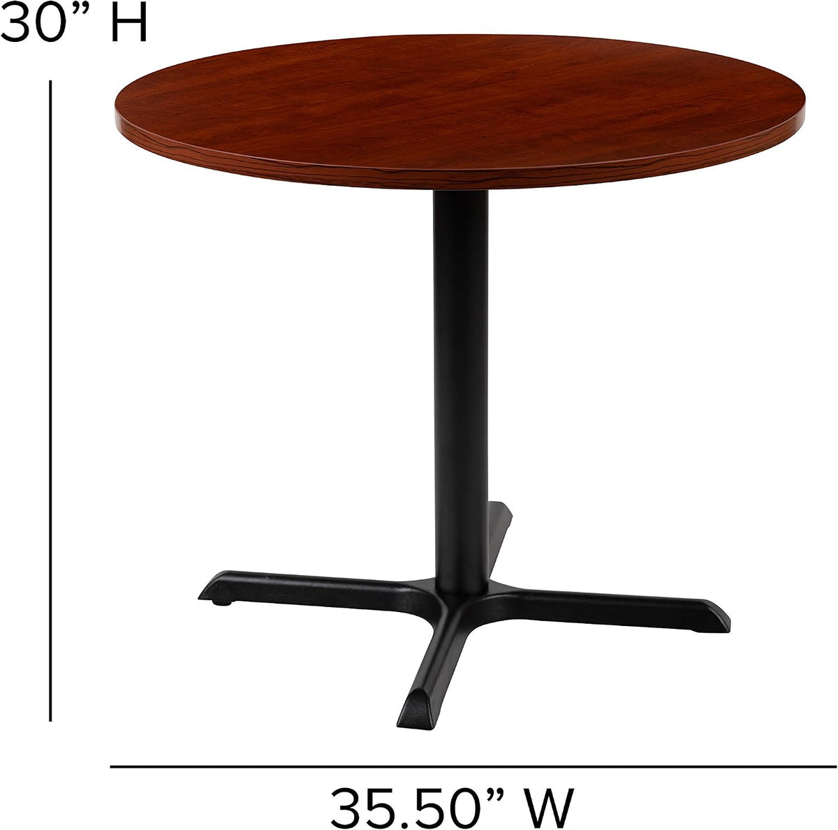 Round cherry laminate table with black X-base shown with dimensional callouts 35.5" W x 30" H