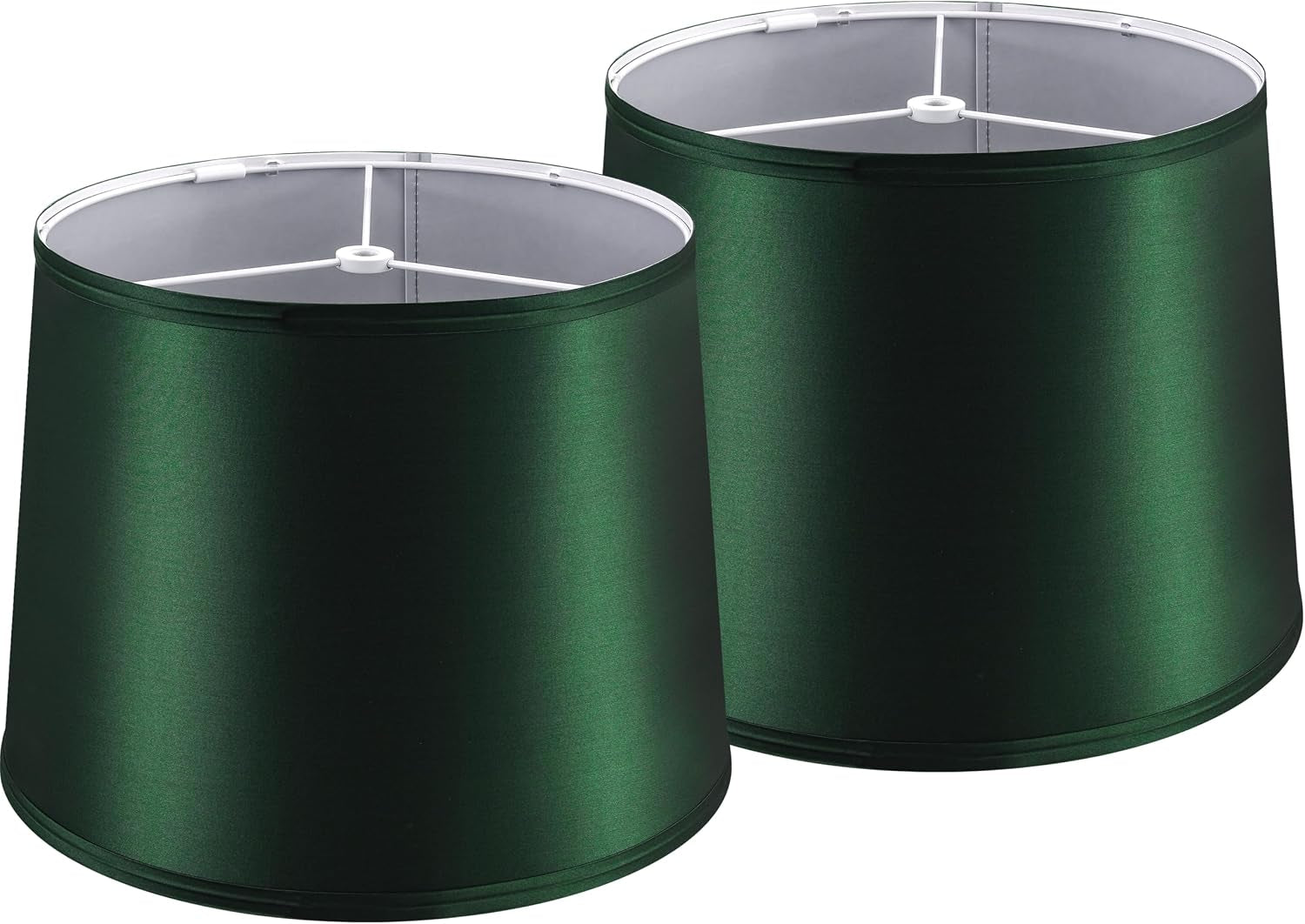 Pair of dark green drum lampshades shown side by side with white inner lining and spider fitters