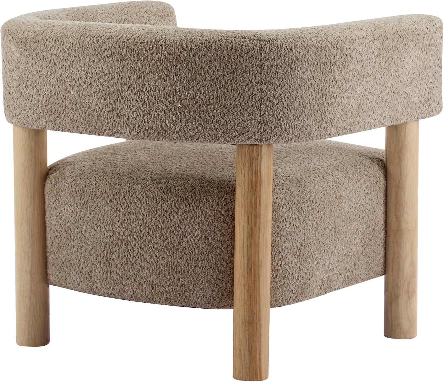 Three-quarter rear angle showing curved backrest and textured camel boucle fabric on wooden legs
