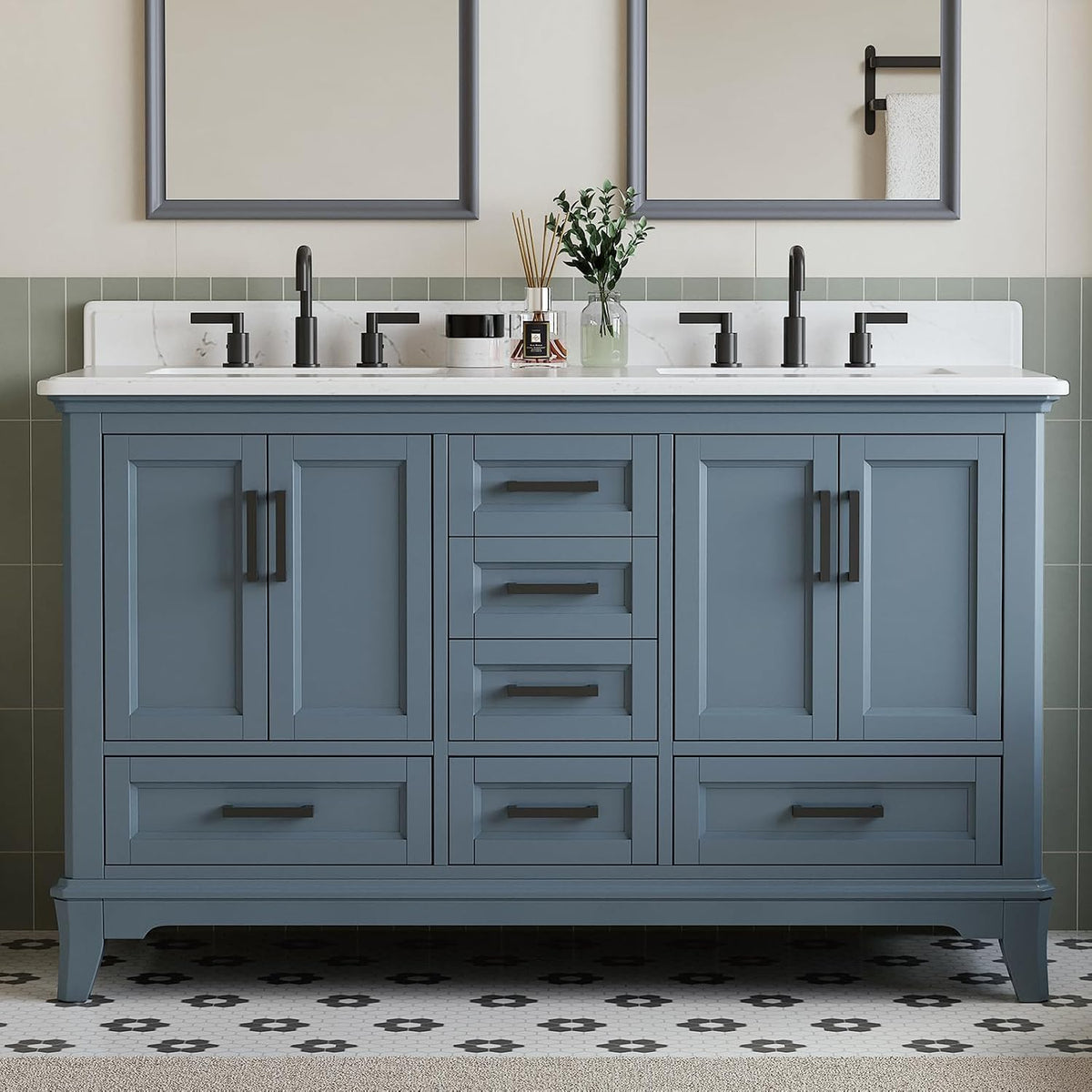 Wide steel-blue double-sink vanity with central drawers and two mirrors above
