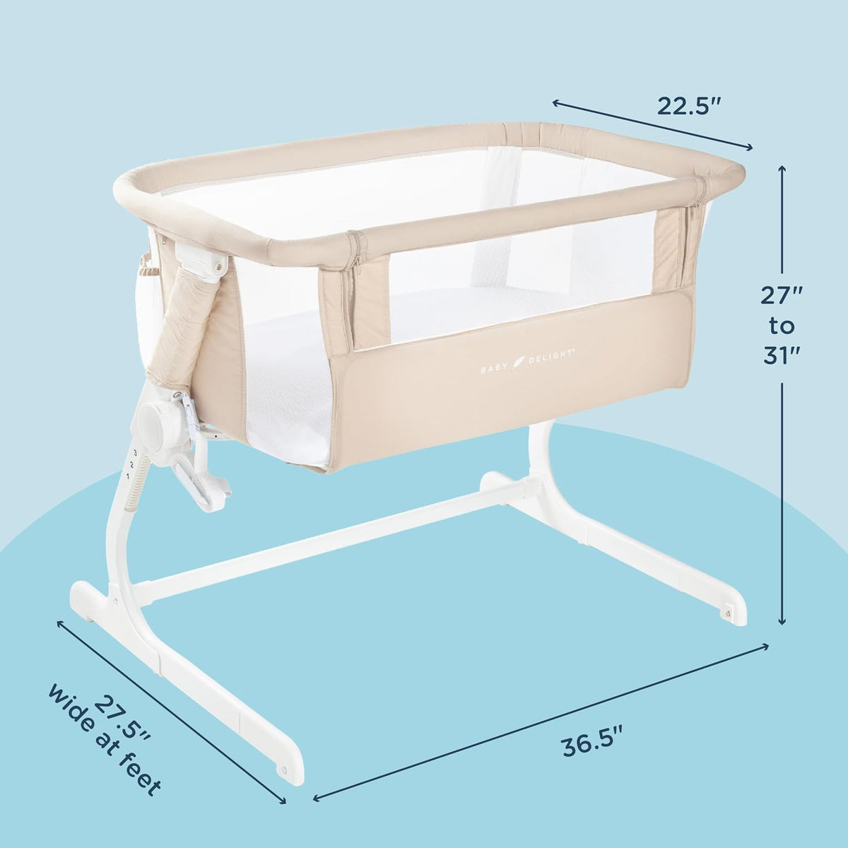 Angled bassinet image on blue background with arrows showing width and height measurements.