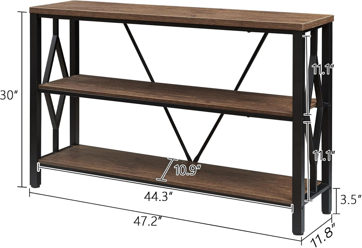 Three-tier console table with dimension overlay showing 47.2" W x 11.8" D x 30" H