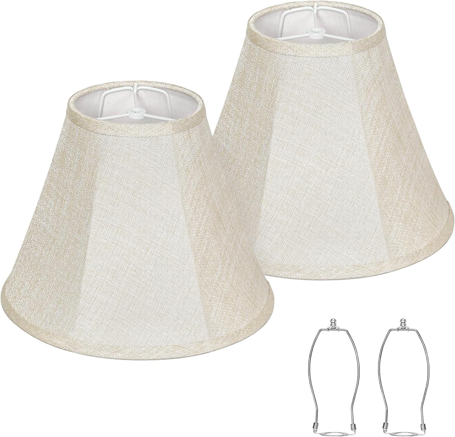 Pair of off-white textured bell lampshades pictured with metal harps, showing fabric weave close-up