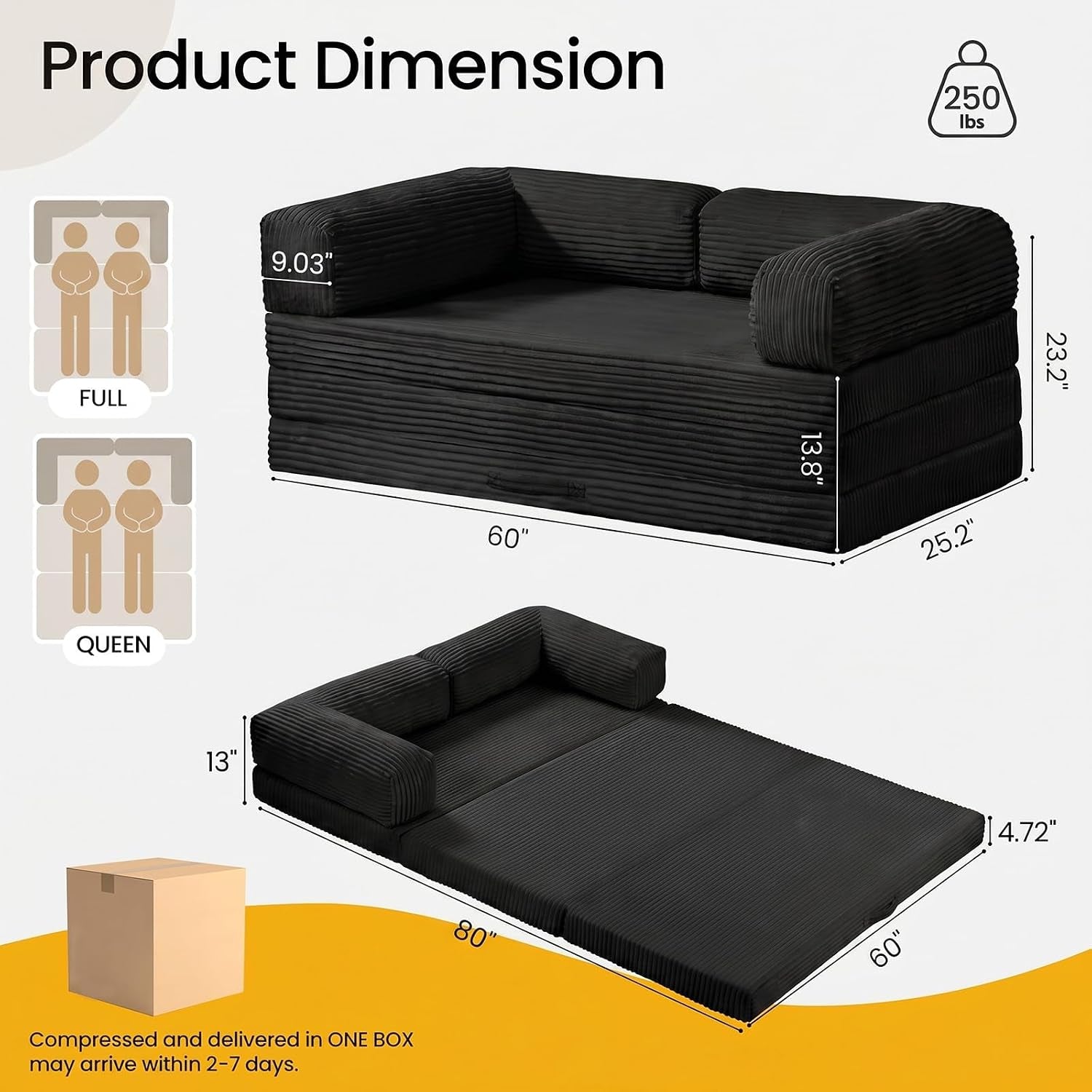 Dimension diagram showing folded sofa dimensions 60×25.2×23.2 inches and unfolded mattress 80×60×4.72 inches