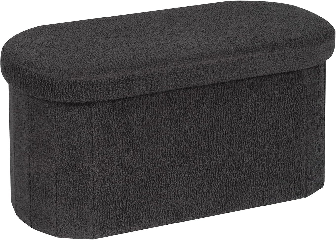 Oval-topped storage ottoman in dark charcoal sherpa fabric, shown on white background