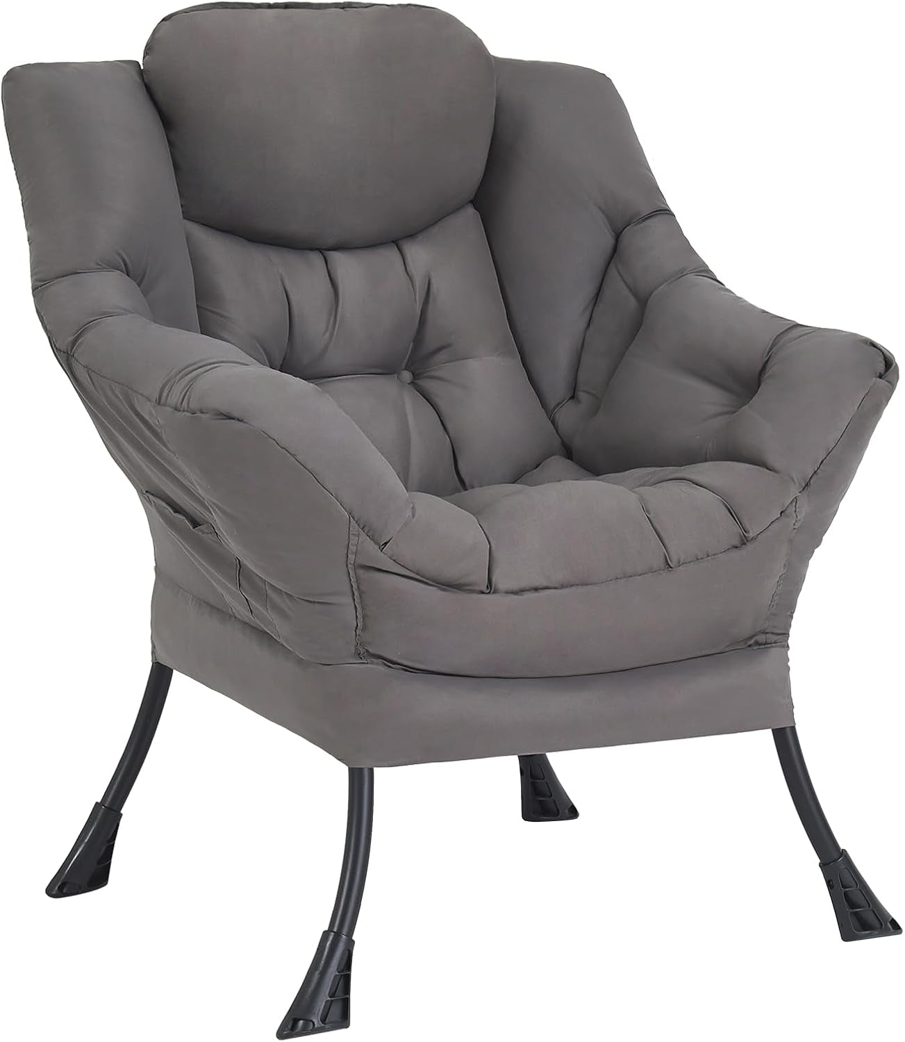 Dark gray tufted lounge chair with deep seat, wraparound arms and black splayed metal legs on white.