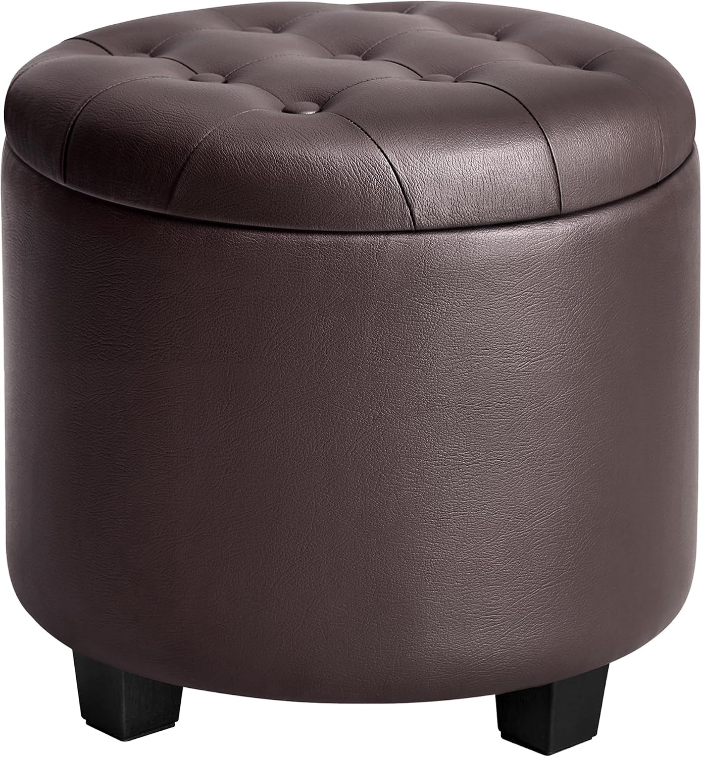 Round dark gray upholstered storage ottoman with tufted top and short black legs, front view