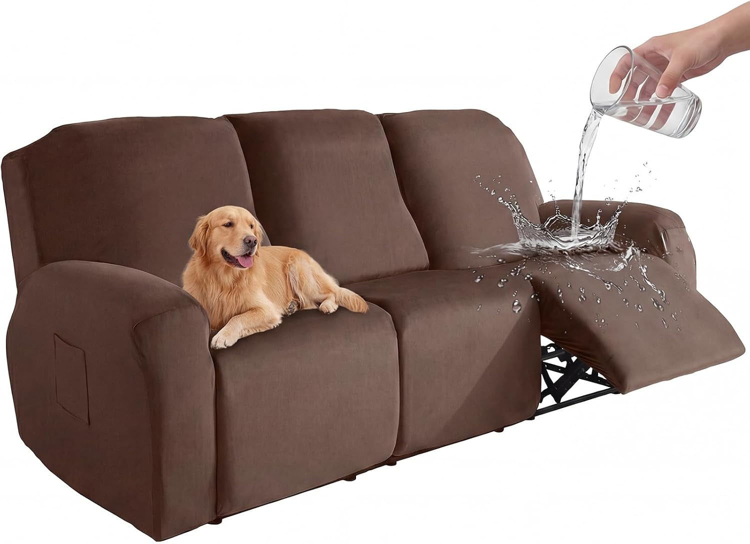 Brown three-seat recliner sofa covered in a stretch slipcover, a dog lying on the seat and water being poured onto the