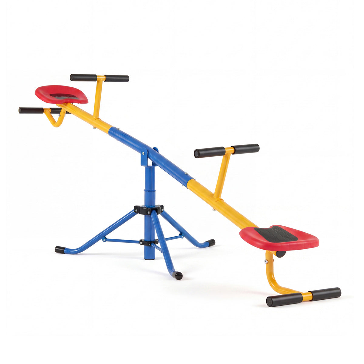A red, yellow, and blue seesaw shown alone against a white background.