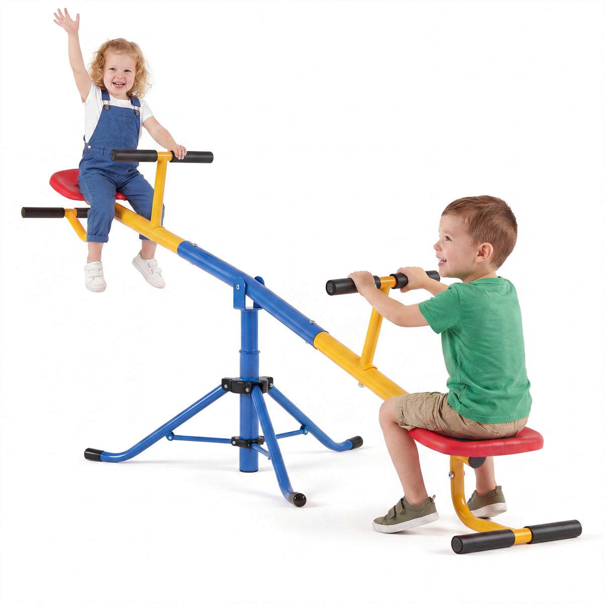 Two children sit on opposite ends of the seesaw against a white background.