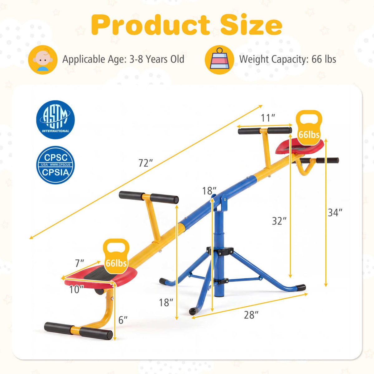 Diagram of the seesaw with dimension arrows and age and weight-capacity callouts.