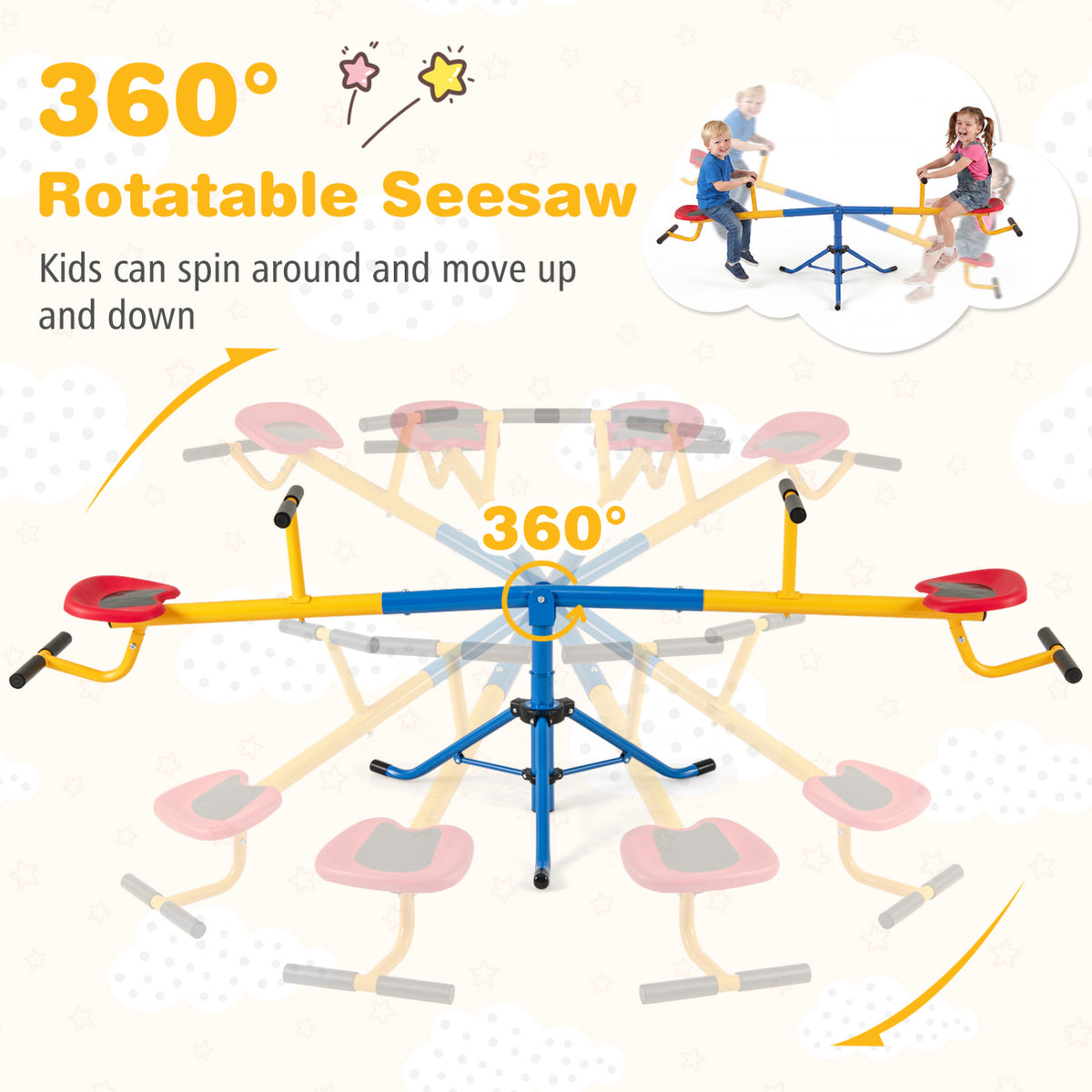 Yellow-and-blue rotating seesaw with red seats, shown in several positions around its central tripod base.