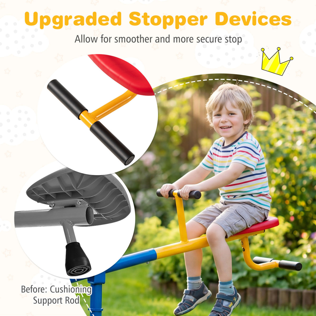 Child riding the seesaw beside close-ups of the stopper bar and the underside of a seat.