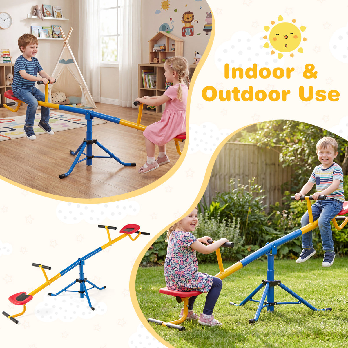 Children take turns on the seesaw indoors and outside, with a small product view between the scenes.