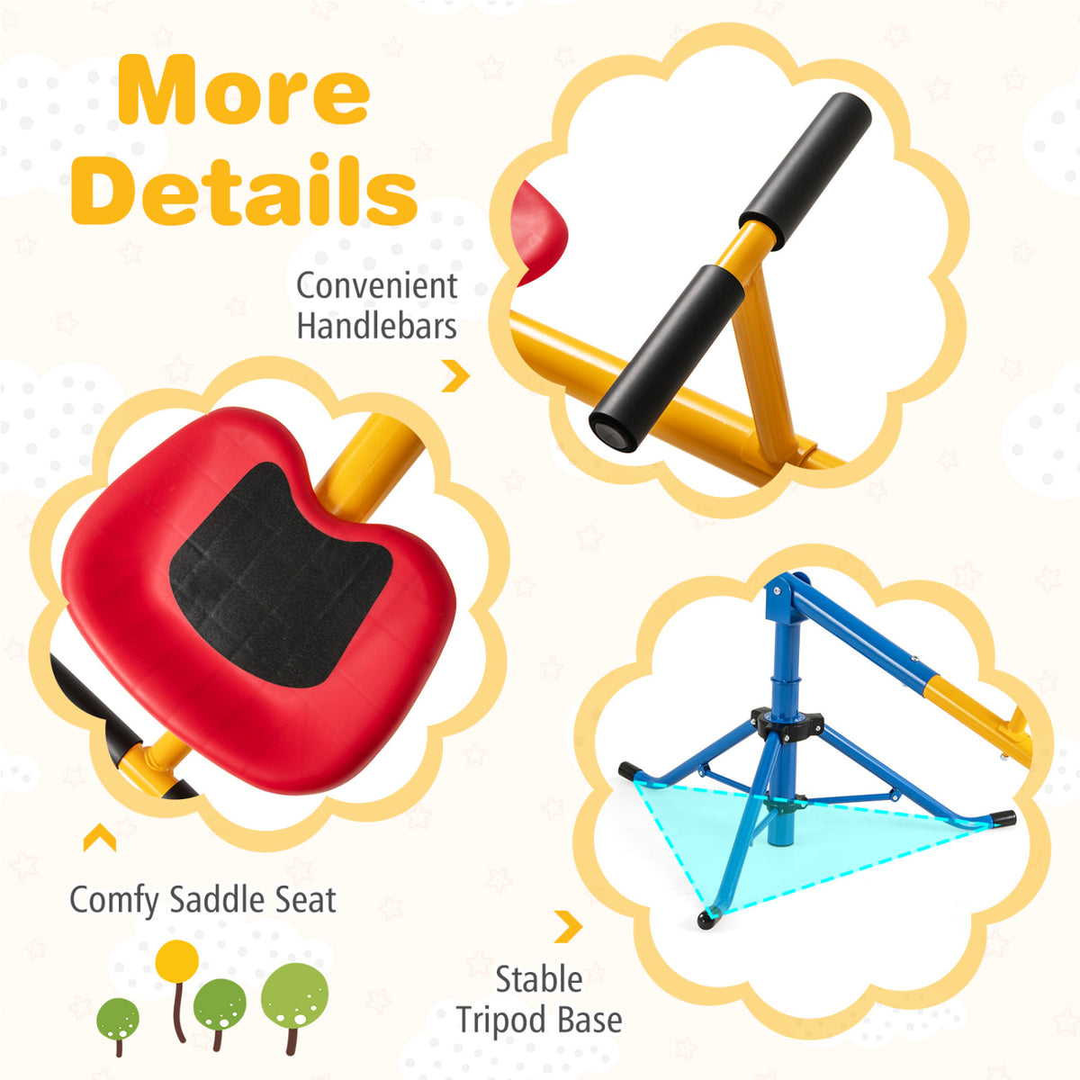 Close-ups show the red saddle seat, black-covered handlebars, and blue tripod base.