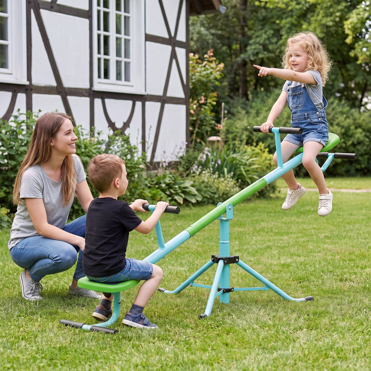 Two children play on a colorful seesaw while an adult watches in a garden.