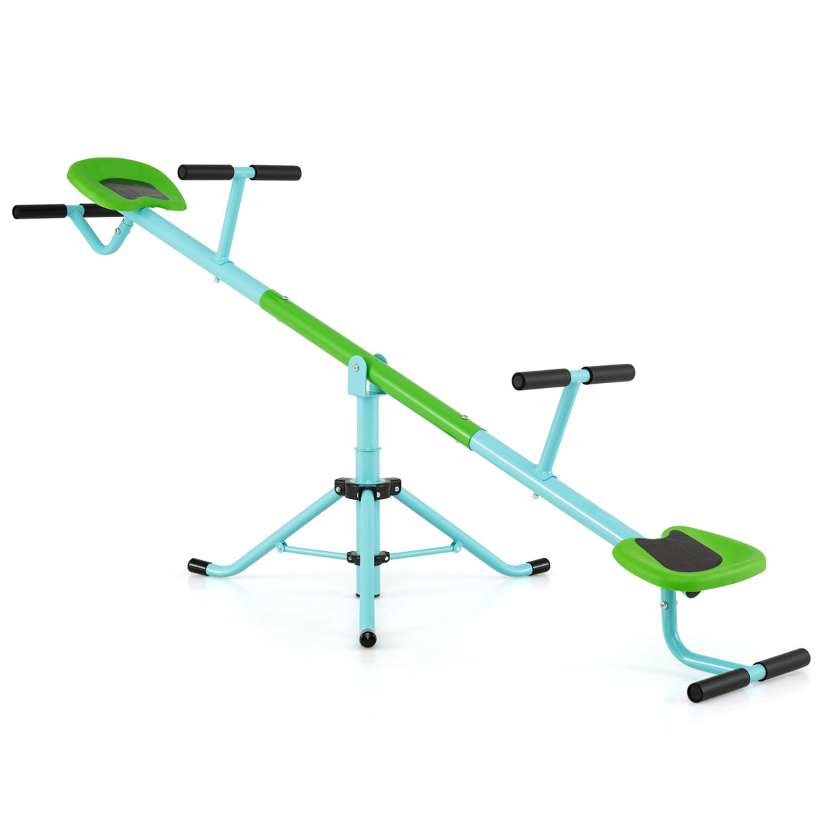 Turquoise and green seesaw shown alone on a white background, with two seats and a central base.