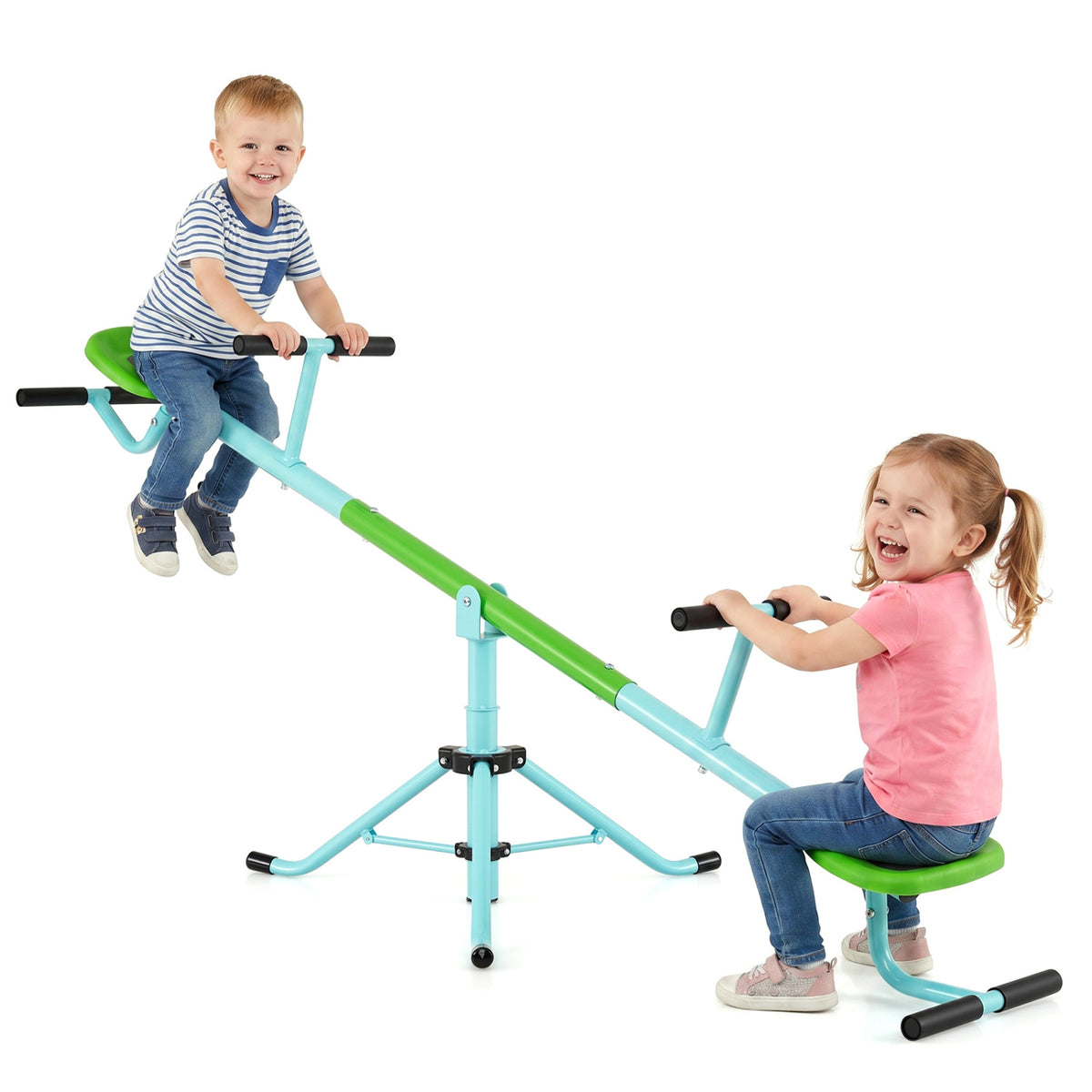 Two children sit at opposite ends of the seesaw against a plain white background.
