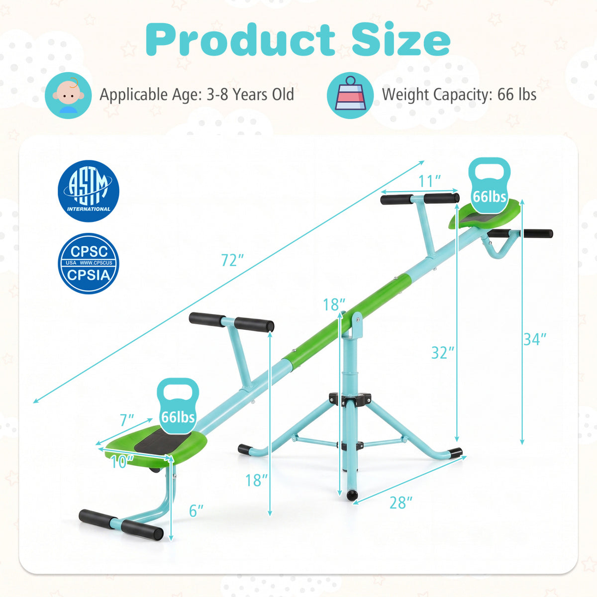 Seesaw shown with measurement arrows and labels on a decorative product-size graphic.