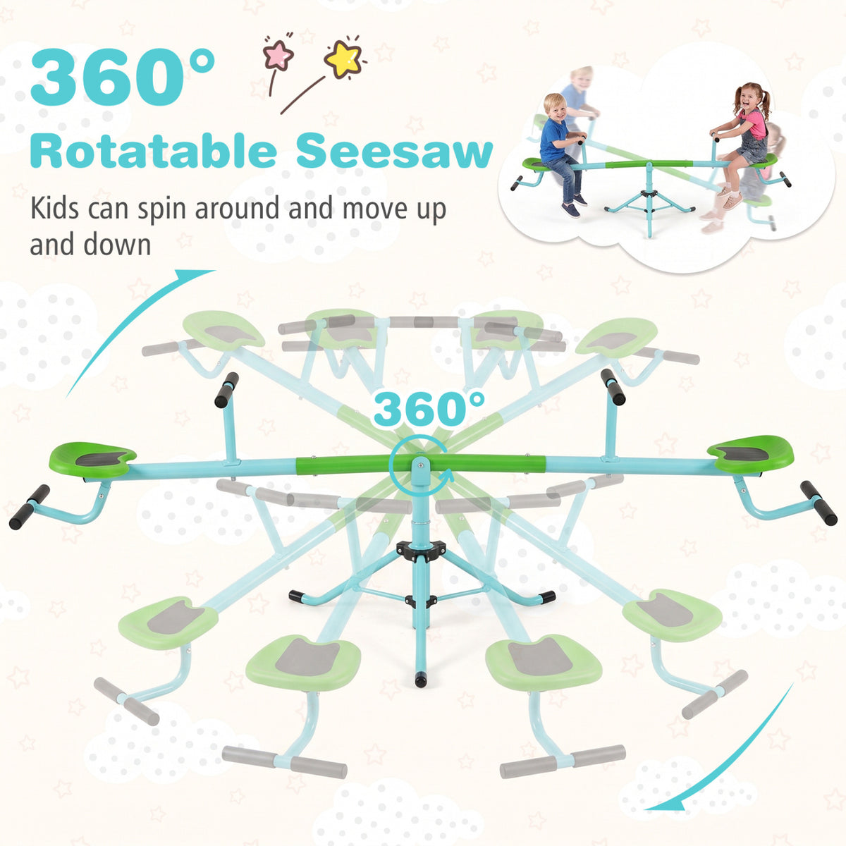 A turquoise-and-green seesaw is shown rotating through several positions around its central stand.