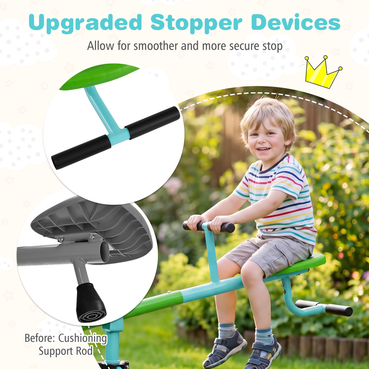 A child rides the seesaw outdoors, beside close-ups of the padded end stops and seat underside.