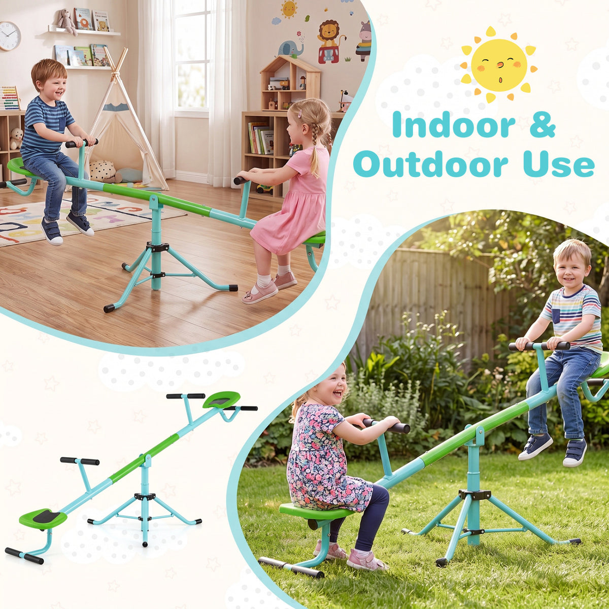 Children take turns on the seesaw indoors and in a garden, with a smaller product view below.
