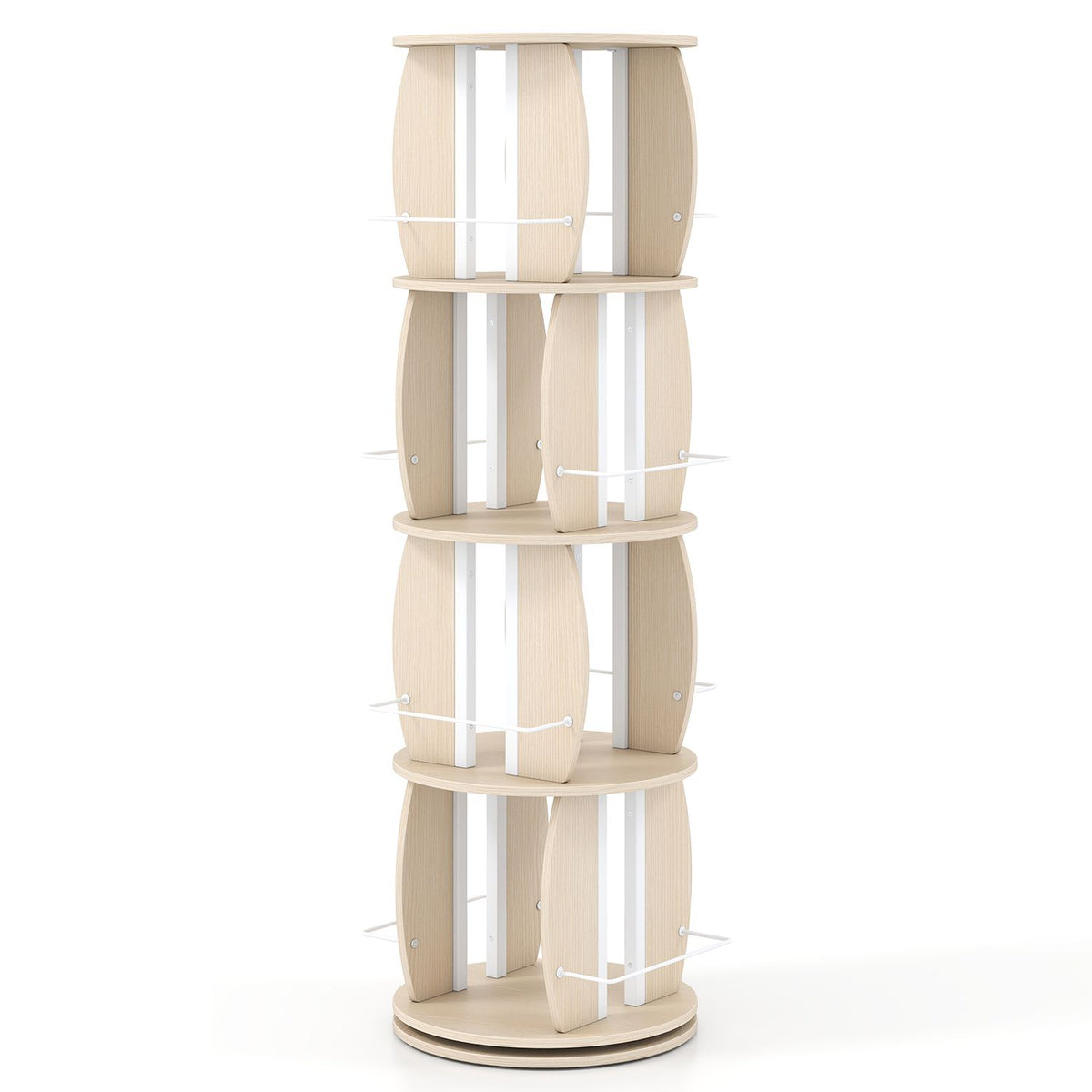 Unfilled light wood rotating bookcase with four round shelves and metal side rails against a white background.
