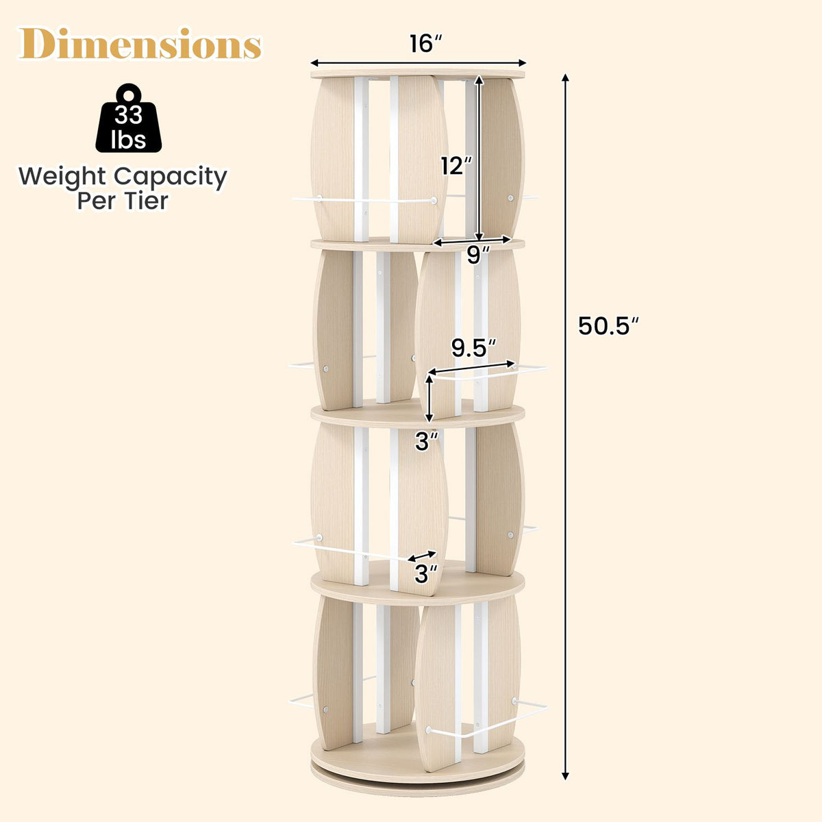 A light wood four-tier rotating bookcase shown with measurement arrows and a weight-capacity graphic.