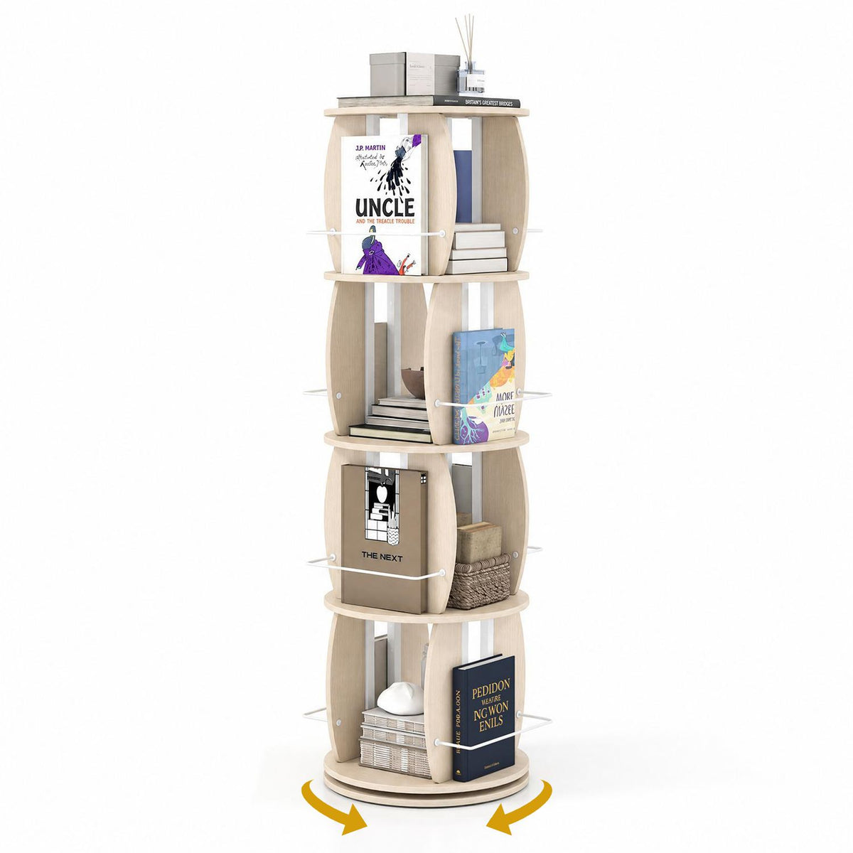A light wood rotating bookcase filled with books and decor, with curved yellow arrows around its base.