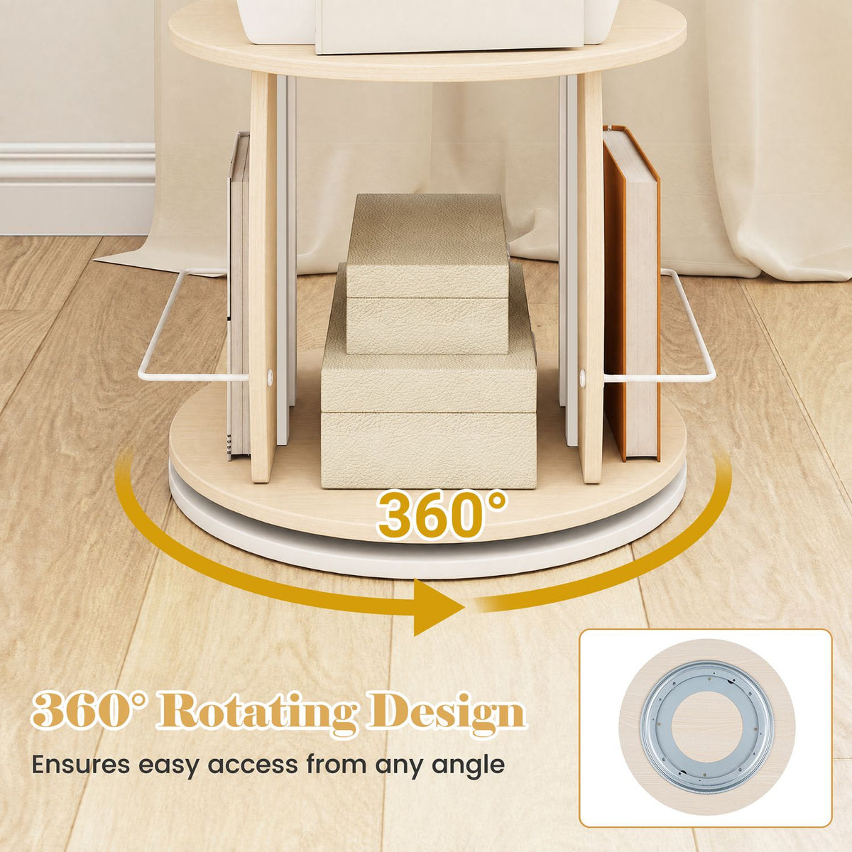 Close-up of the bookcase’s round base and circular turning mechanism, with a curved arrow showing rotation.