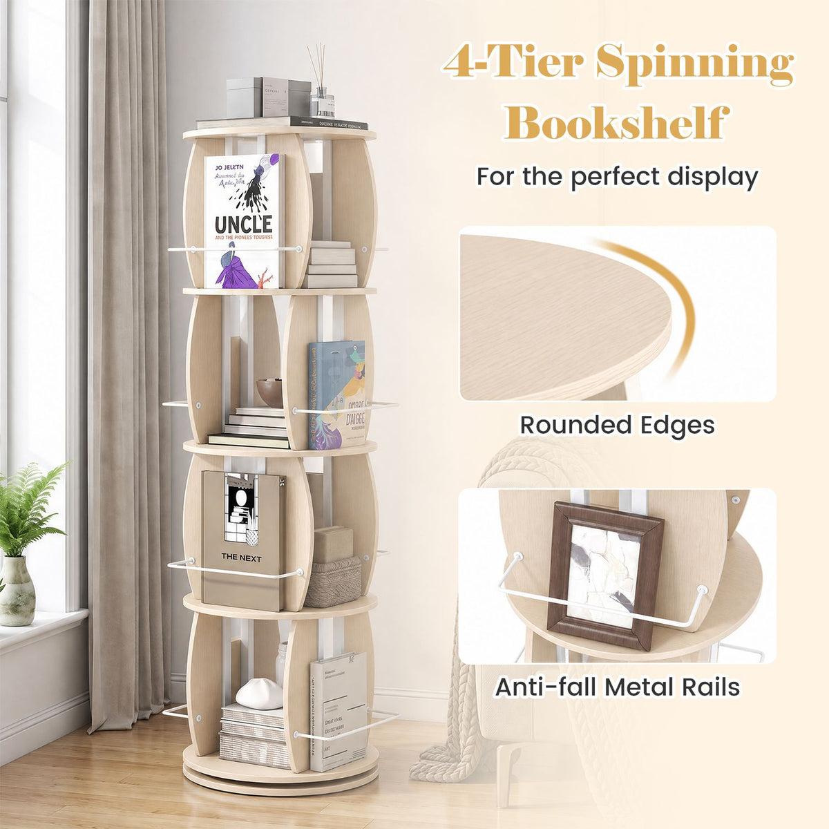 A light wood bookcase beside close-ups of its rounded shelf edge and metal side rails.