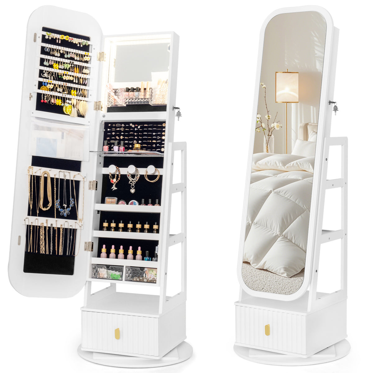 Two views show the white cabinet open with jewelry storage and closed with its full-length mirror facing forward.