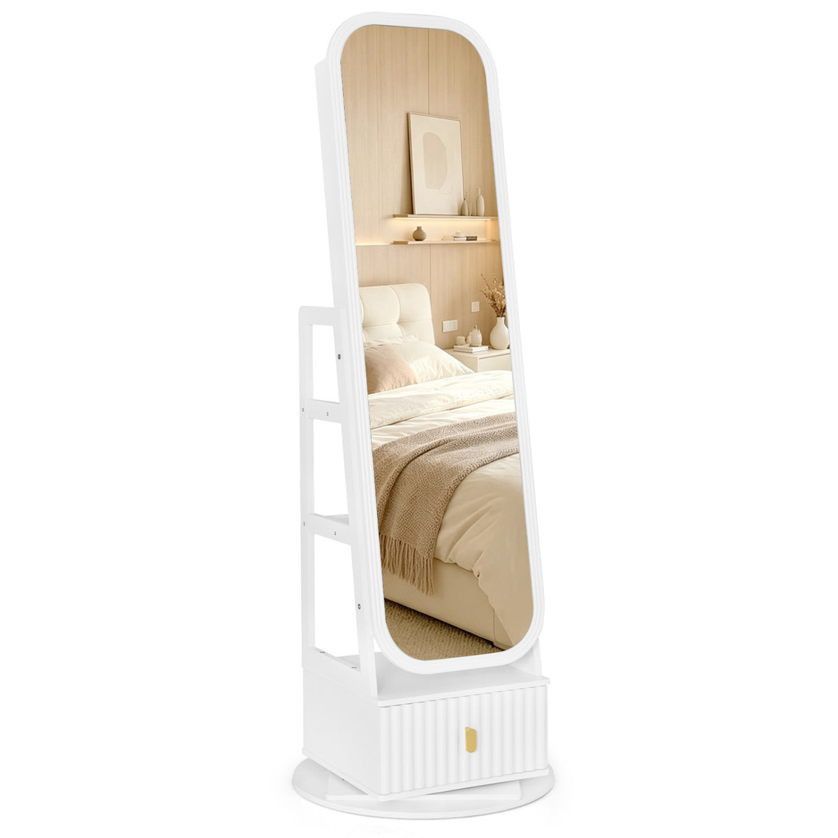 A white full-length mirror cabinet stands on a round base against a plain background.