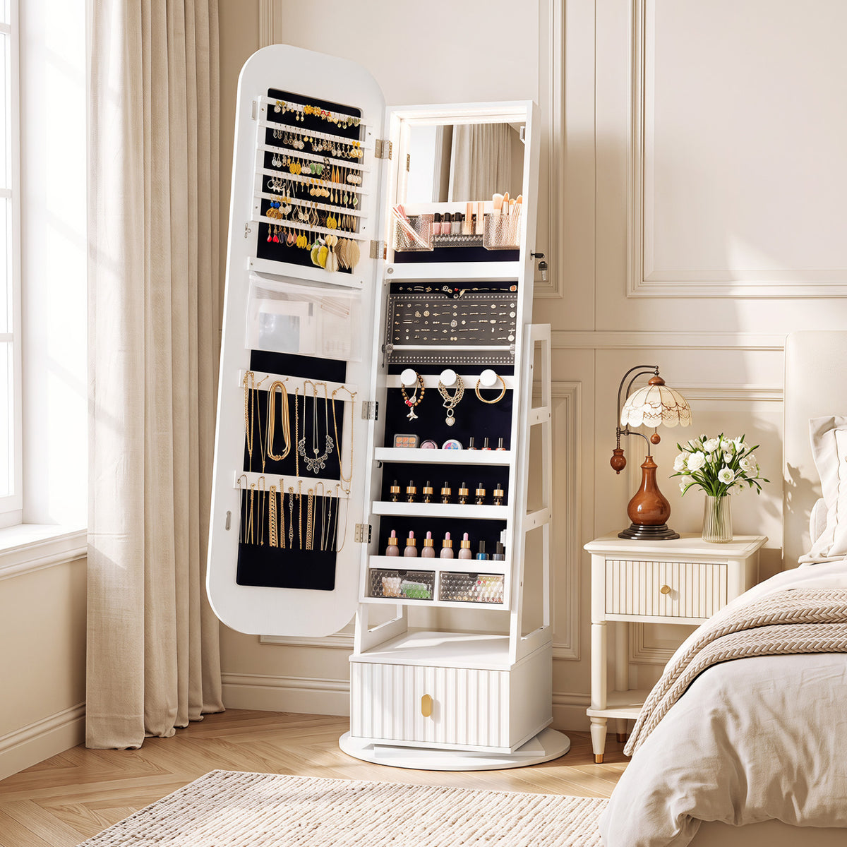 The open white mirror cabinet reveals jewelry hooks, shelves, and small storage compartments.