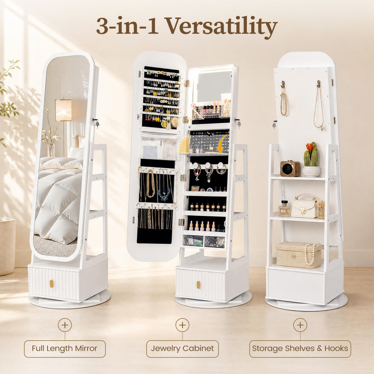 Three views show the white cabinet as a full-length mirror, an open jewelry organizer, and shelving with hooks.