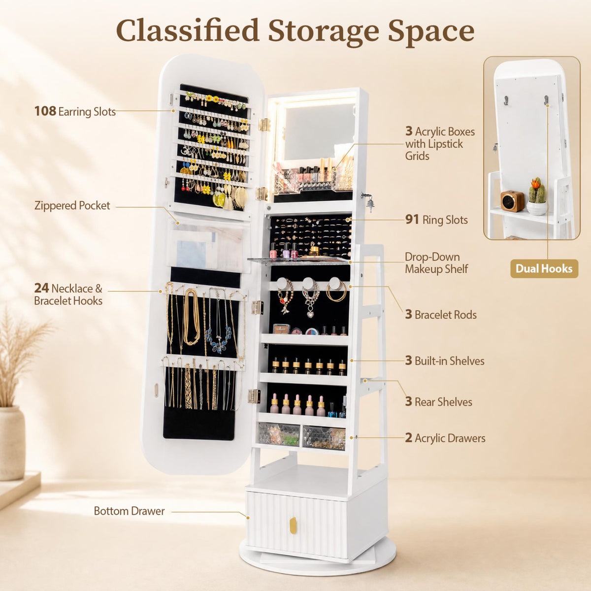 Open white jewelry cabinet displays jewelry compartments, small drawers, shelves, and hooks.