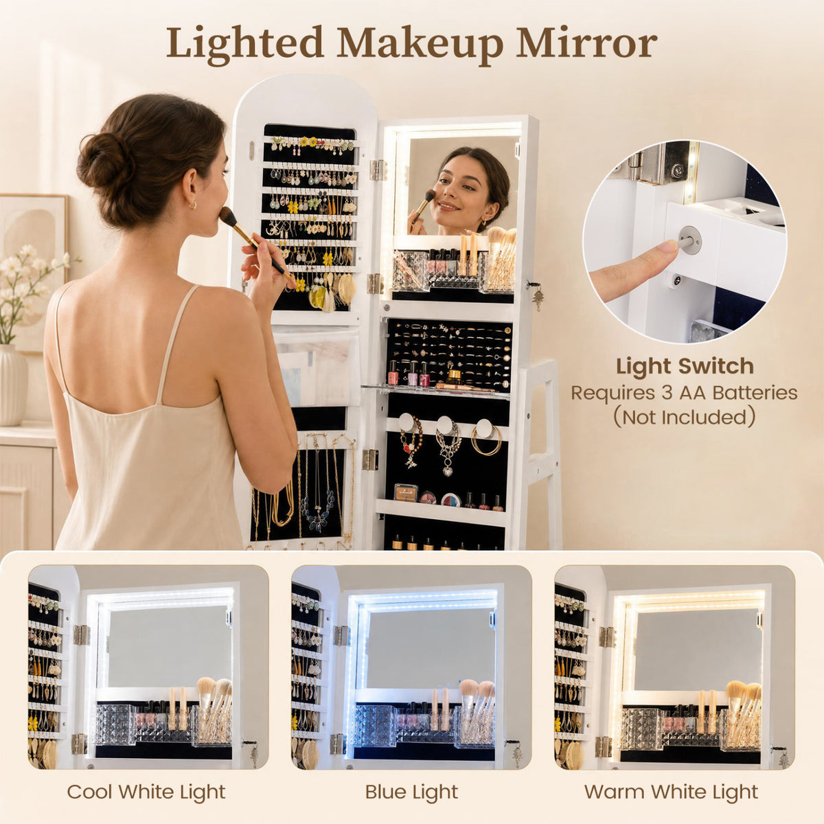 A woman uses the open cabinet’s illuminated makeup mirror, with close-ups of its switch and three light colors.