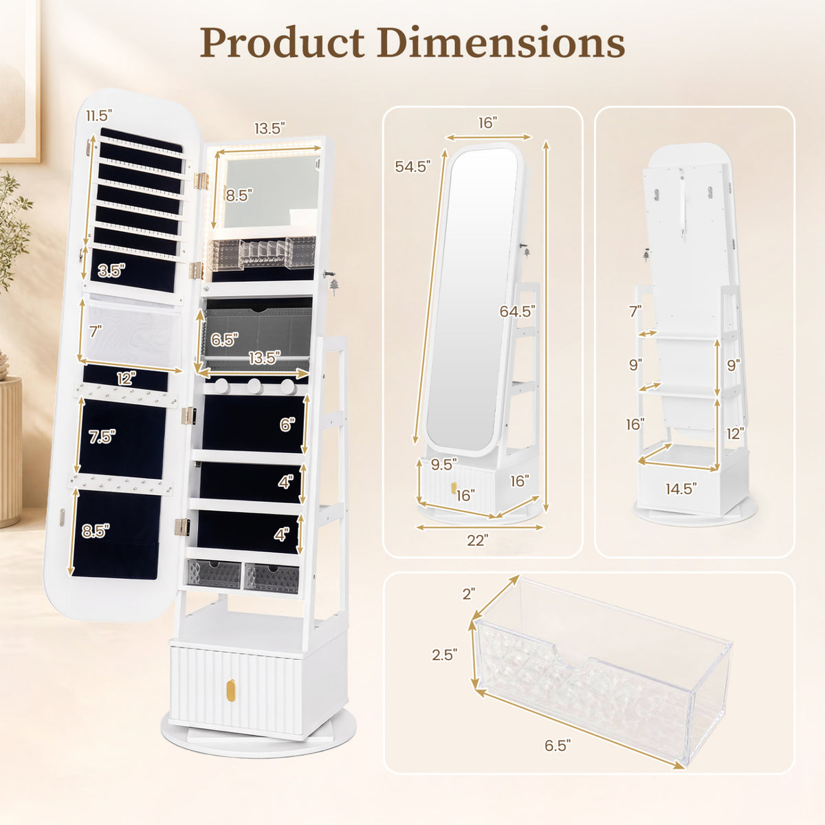 Open white jewelry cabinet with measurement callouts and separate views of its closed form and a clear storage box.