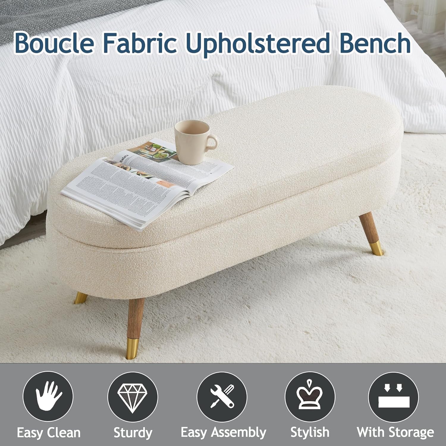 Collage highlighting cushioned seat, safety-hinged lid, and metal-tipped wooden legs on the beige storage bench