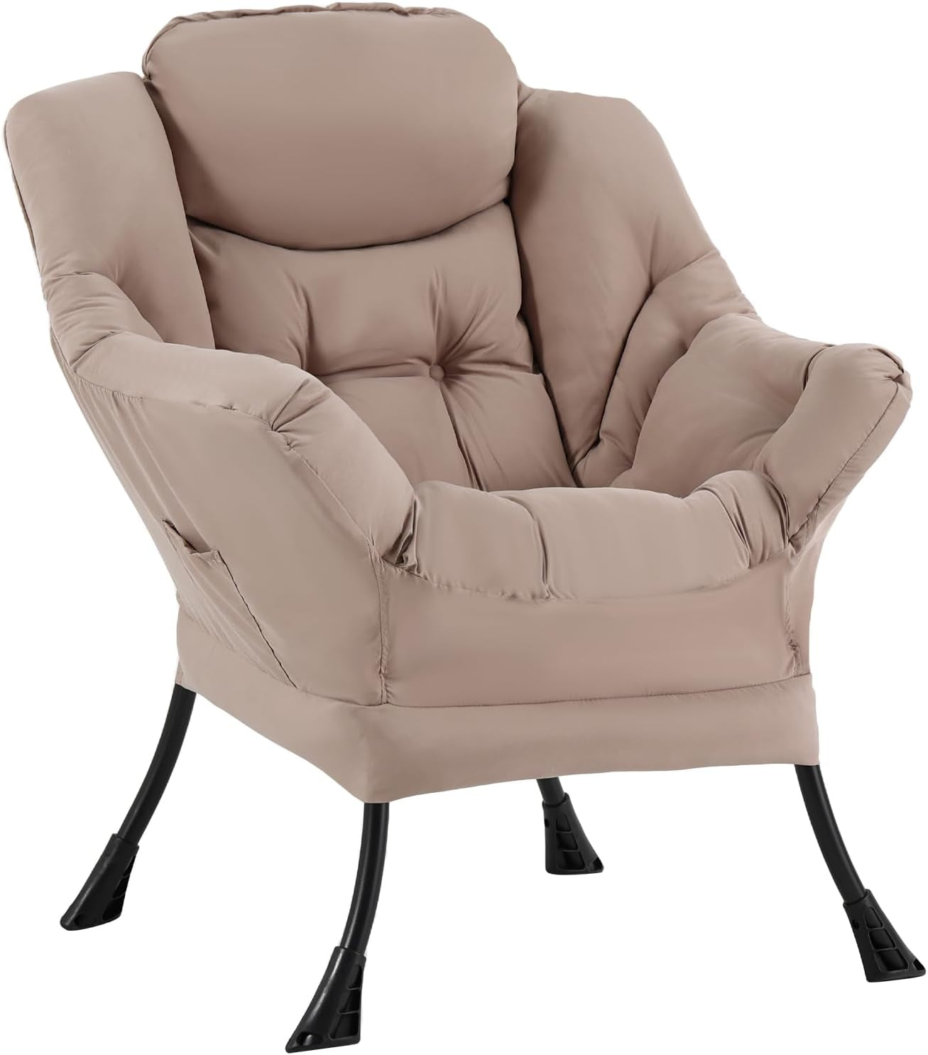 Beige tufted plush lounge chair with flared arms and black metal splayed legs, shown on white background.