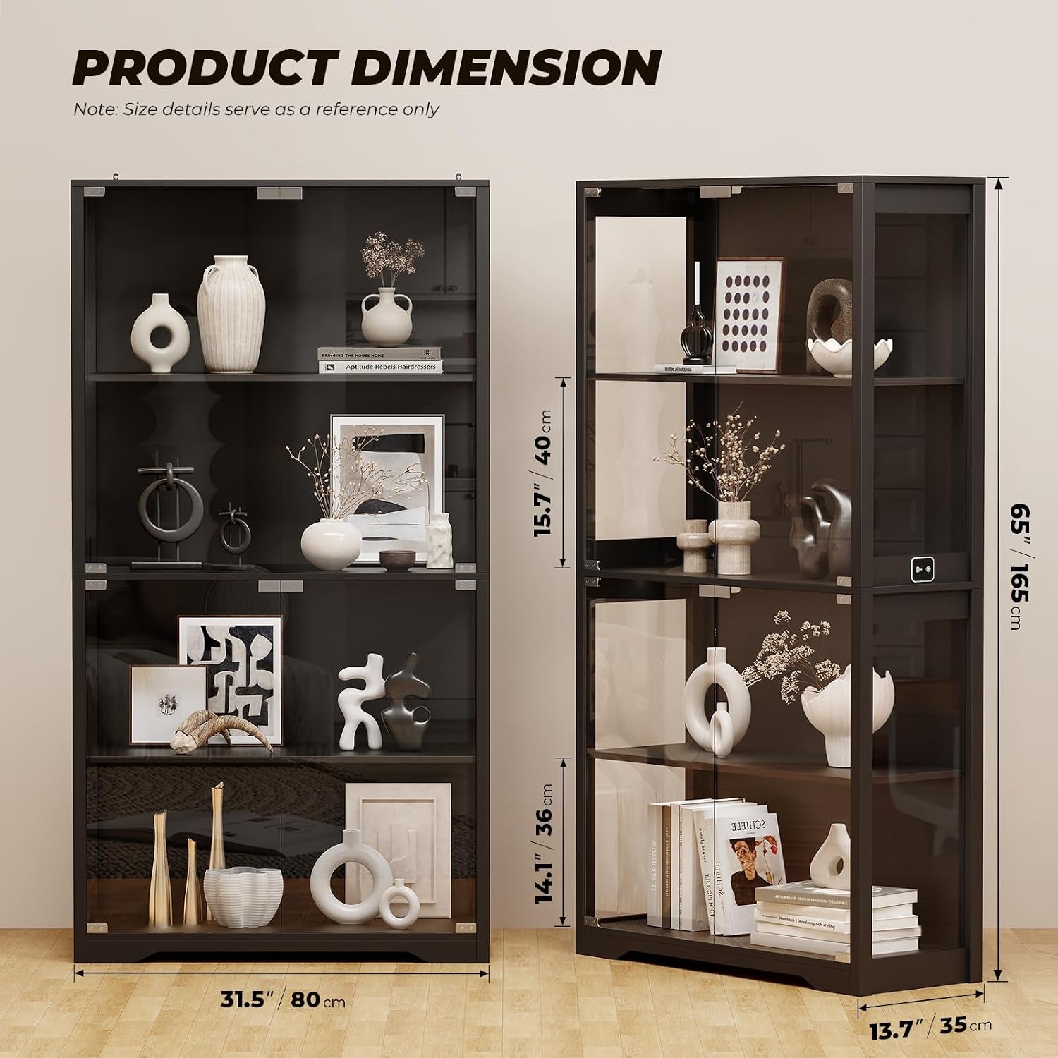 Front and side views of the black display cabinet with dimension callouts and shelf height indicators on a neutral background