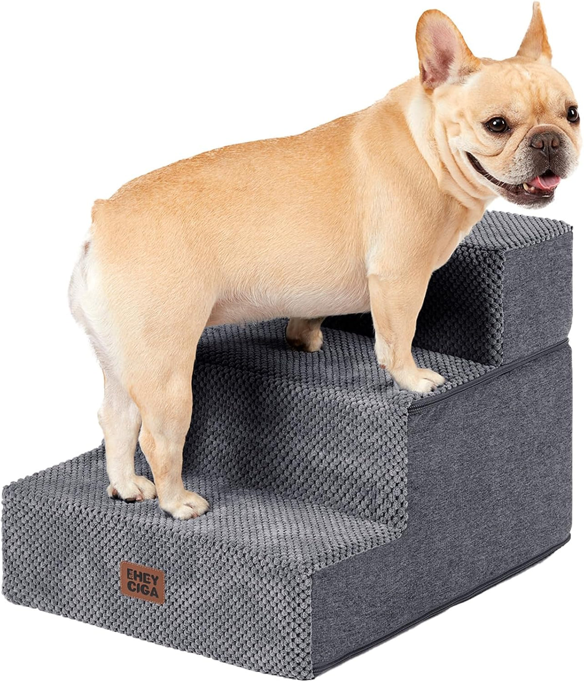 Small smiling dog standing on charcoal gray textured four-step pet stairs