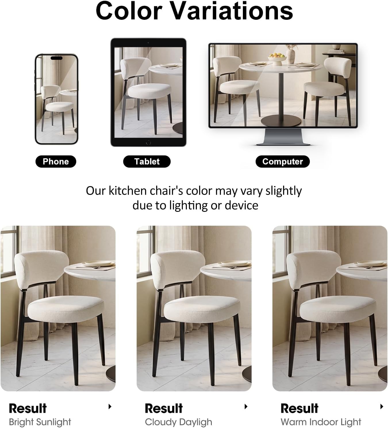 Beige chair shown on phone, tablet, and computer and under three different lighting conditions.