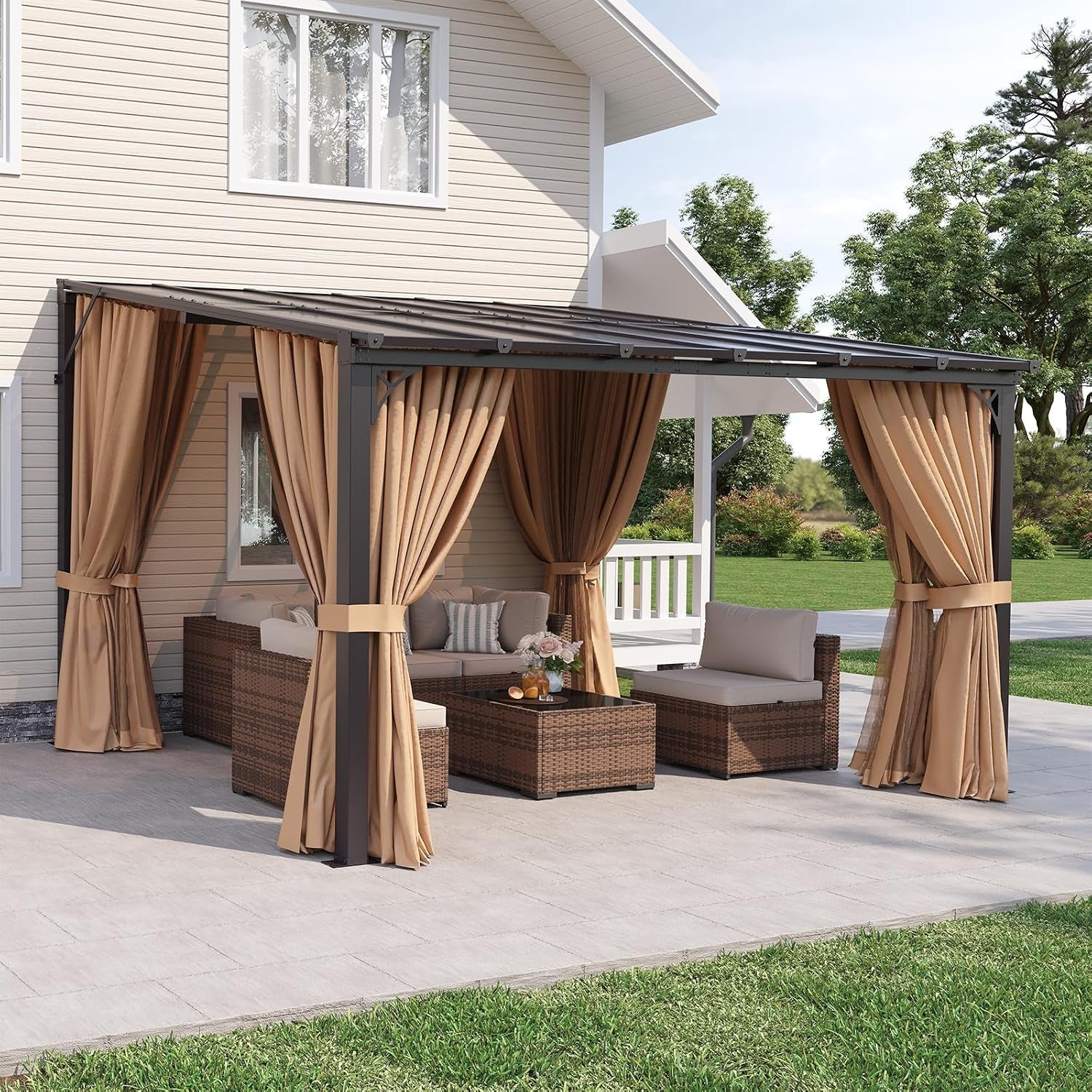 Aoxun 12'x10' Lean to Gazebo, Pergola with Mosquito Net and Curtains, Brown | Heavy Duty Aluminum Frame Gazebo for Patio, Polycarbonate Panel, Wall Mounted Pergola with Sloped Roof for Backyard, Deck