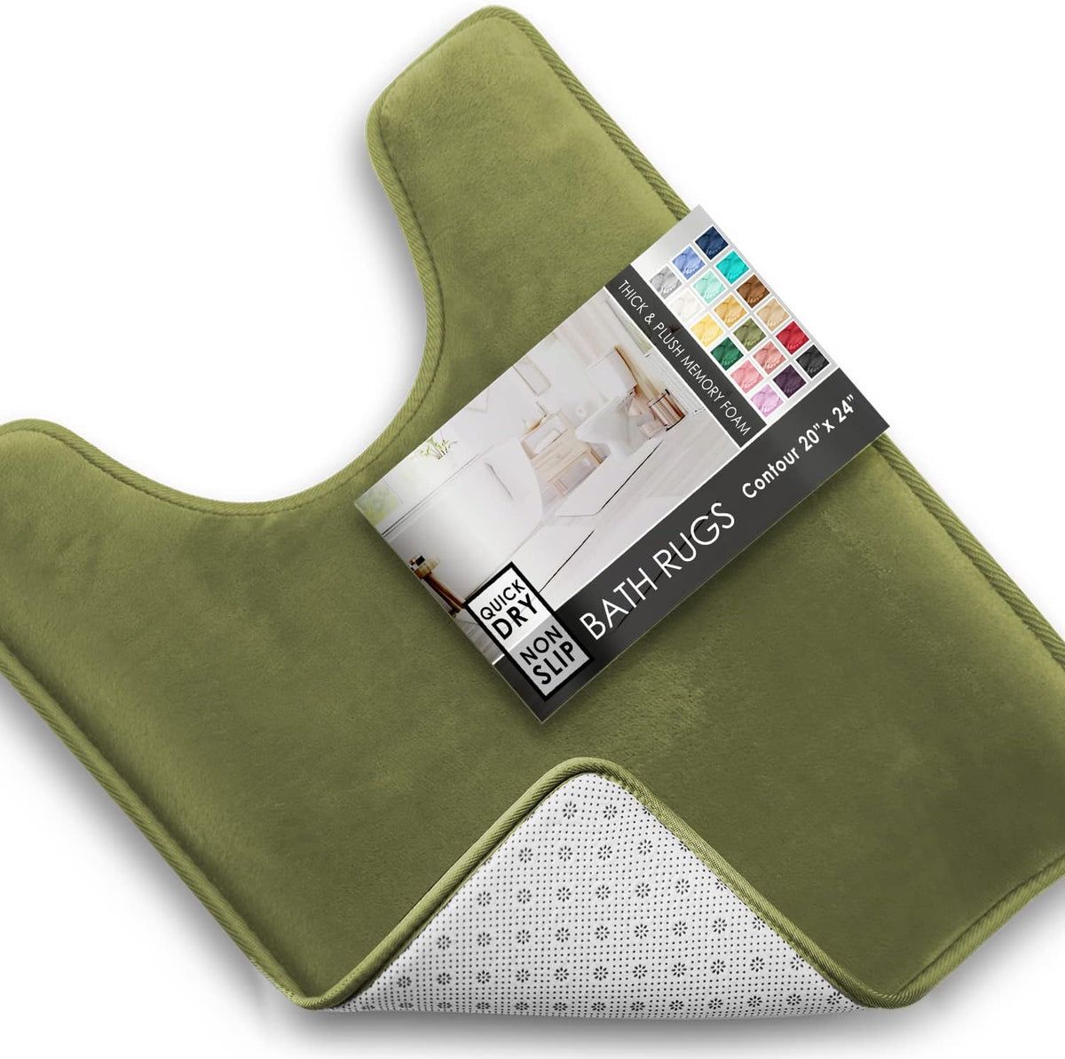 Angled close-up of an olive-green contour bath mat with its packaging label and visible non-slip backing.